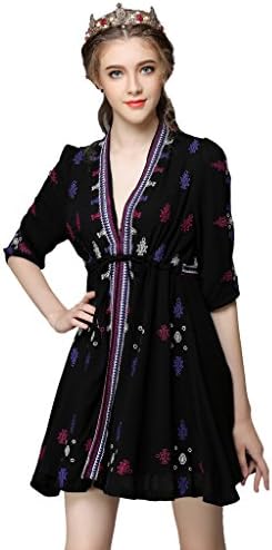 Gressa Women's V Neck Embroidered Peasant Dress