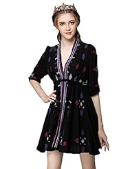 A-line V-neck Cotton Embroidered Elbow Length Sleeves Peasant Dress  With a Sash 