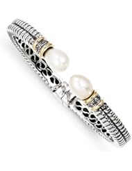 Sterling Silver W14k 11.5mm Fw Cultured Pearl 1/10ct. Dia. Cuff Bracelet