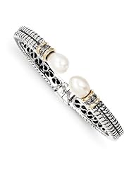 Genuine Sterling Silver W14K 1 1 .5 mm Fw Cultured Pearl 1 /1 0 Ct. Diamond.Cuff Bracelet 23.2 Grams Of Gold