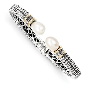 Genuine IceCarats Designer Jewelry Gift Sterling Silver W/14K 11.5Mm Fwc Pearl & Diamond Cuff Bracelet In 14K/Silver Two-Tone