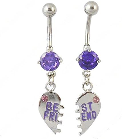Set of Best Friend Heart Dangle Navel Belly Button Ring Piercing Purple Tone