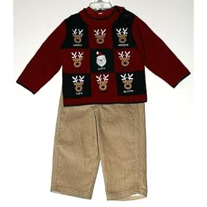 Boys Boutique Christmas Clothing - 3 PC Corduroy Pants Reindeer Sweater Set - Newborn through Size 7 - # 1700 - Boy's Christmas Clothing Sets