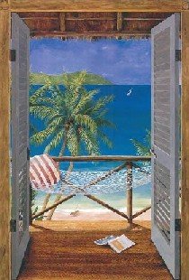 Tropical Beach Doors Window Wallpaper Wall Mural Home Decor Sea Sand Hammock Palm Tree Paradise