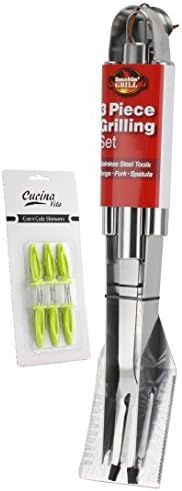 Stainless Steel BBQ Grill Accessories Tools Utensils Tongs Turner and Fork Set of 3 AND Corn Cob Skewers Top Valentine Day Easter Gift for Dad Him Guys