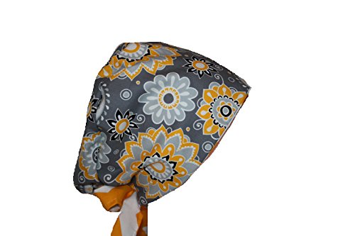 Surgical Scrub Hat Chef Nurse Cap EuroGlam Pixie Grey Medallion Yellow