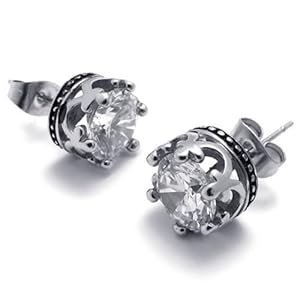 KONOV Jewelry Vintage Stainless Steel Cubic Zirconia Men's Royal Crown Stud Earrings Set, 2pcs, Color Silver (with Gift Bag)