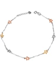14K Italian Tri-Color Yellow, Rose and White Gold Diamond-Cut Stars Station Floating Anklet / Bracelet (8"), Women Jewelry in Gift Box