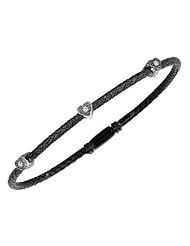 Sterling Silver Basketweave with Diamond Accents Heart Black Overlay Bangle Bracelet 7 1/4" 0.03ct