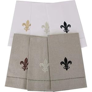 Oatmeal Fingertip or Guest Towel with Black Fleur de Lis Embroidery 14 by 22 inches
