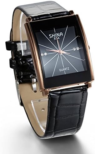 JewelryWe Men's Rhinestone Accented Gold-Tone Black Leather Square Strap Watch