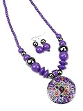 Purple Beaded Medallion Necklace and Earrings Set Fashion Jewelry