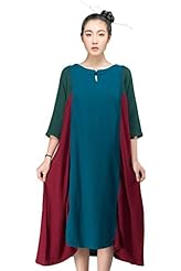 Long Sleeves Cotton Vintage Colorblocking  Dress