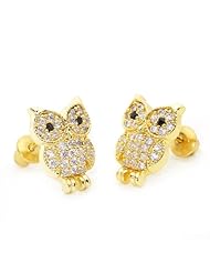14k Gold Plated Cute Owl Children Screwback Earring With 925 Silver Post Baby, Toddler, Kids & Children