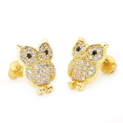 Cheap Girls Jewelry 14k Gold Plated Cute Owl Children Screwback Earring With 925 Silver Post Baby, Toddler, Kids & Children For Sale
