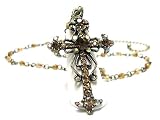 Gorgeous Large Amber & Aurora Borealis Crystal Cross Pendant/Charm Necklace with Amber/Topaz Beads Antique Gold Tone