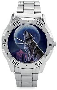 Cool Howling Wolf with Moon Men's Stainless Steel Analog Watch,Watch Face Diameter: 1.5"