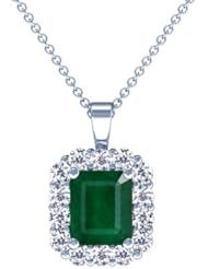 18K White Gold Emerald Cut Emerald And Round Diamond Pendant
