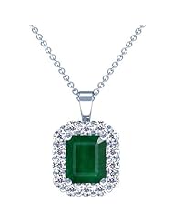 14K White Gold Emerald Cut Emerald And Round Diamond Pendant