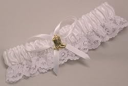 Satin and Lace Garter with Gold Boots Charm, White