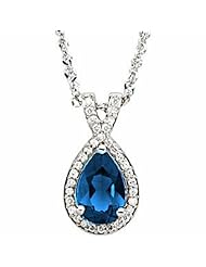 14K White Gold Pear Cut Chatham Created Sapphire and Diamond Pendant -- LIFETIME WARRANTY