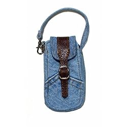Blue Denim Cell Phone Holder with Adjustable Leather Strap and Magnetic Snap