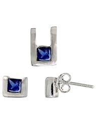 Sterling Silver Matte-finish U-shaped Stud Earrings (6mm tall) & Pendant (10mm tall) Set, w/ Princess Cut Blue Sapphire-colored CZ Stones