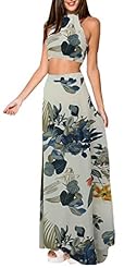 Acetate/Polyester Summer Halter Sleeveless Round Neck Floral Print Maxi Dress 