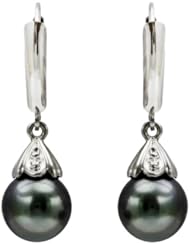 14k White Gold Diamond Illusion 9-10mm Round Black South Sea Tahitian Pearl High Luster Lever Back Earring AAA Quality. Include Small Brown Jewelry Gift Box with Bow.