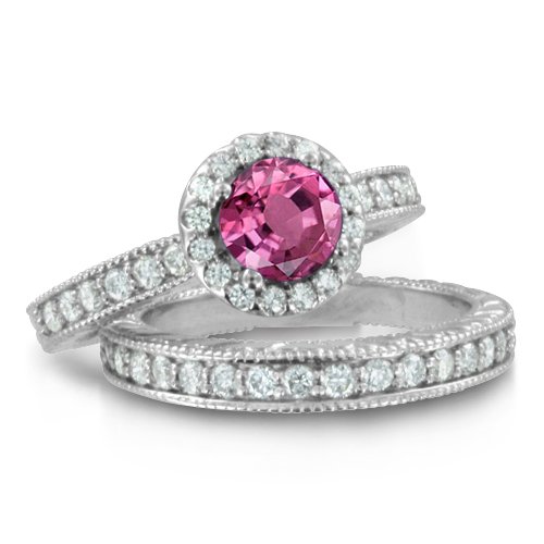 Vintage Inspired Natural Pink Sapphire Diamond Engagement Wedding Ring Bridal Set in Platinum Halo Ring (G, SI1, 1.77 cttw), 6mm, Certified