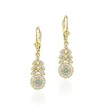 18K Gold over Sterling Silver Emerald & Diamond Flower w/ Leaves Leverback Earrings