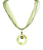 Necklace - N281 - Genuine Mother of Pearl Shell and Fire Polished Glass on 5-Strand Cotton and Organza Cord - Round (1-1/4' Diameter) ~ Lime