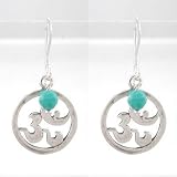 Round Om (Aum) and Turquoise Gemstone Bead Dangle Earrings in Sterling Silver, #8638