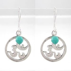 Round Om (Aum) and Turquoise Gemstone Bead Dangle Earrings in Sterling Silver, #8638
