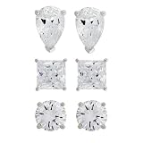 Platinum Plated Sterling Silver Round, Pear-Shaped and Princess-Cut Cubic Zirconia Stud Earrings Set