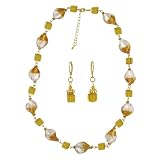 Necklace - Earrings Set - N493 - Murano & Glass Beads + Matching Earrings ~ Topaz (Gold) and White Twists