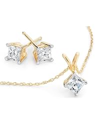 Princess Diamond Solitaire Necklace & Stud Earrings Set 1.0 Carat (ctw) in 10K Yellow Gold