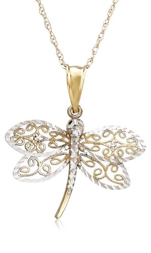 10k Two-Tone Gold Dragonfly Pendant (.005 cttw, J Color, I2 Clarity), 18 w/ Diamond Accent