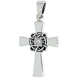 Sterling Silver Celtic Center Cross Pendant w/ Single Clear CZ, w/ 18" Thin Box Chain