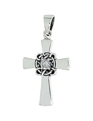 Sterling Silver Celtic Center Cross Pendant Clear CZ, 18 inch starter chain included