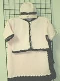 Ck601pb.bk, . Knitted on Hand Knitting Machine Then Finished By Hand Crochet Infant Girls Outfit, Containing Baby Pink Cotton Crocheted Dark Brown Chenille Trim Cardigan Sweater, Hat Set and Matching Blanket.