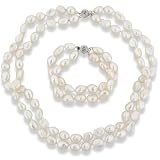 10mm Biwa Pearl Necklace and Bracelet Set With Sterling Silver Flower Clasp