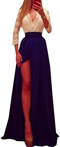 Englady Women's Sexy Lace Contrast Thigh Split Skirt Adult Long Maxi Dress, Small, Dark Blue