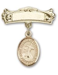 14K Gold Baby Badge with St. Bernard of Clairvaux Charm and Arched Polished Badge Pin