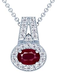 14K White Gold Oval Cut Ruby And Round Diamond Pendant