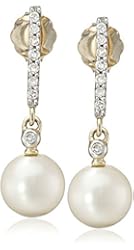10k Yellow Gold Freshwater Cultured Pearl with Diamond Accent Linear Drop Earrings