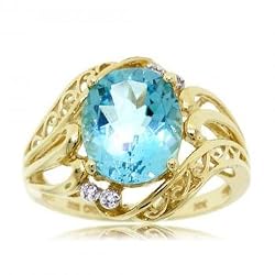 Oval Blue Topaz & Diamond Filigree Ring in Solid Yellow Gold