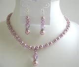 BRD590 Lavender Crystals Jewelry Set Rose Pink Pearls & swarovski Lavender crstal Necklace Set With Gift Box
