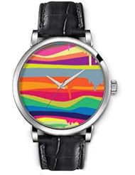 SPRAWL Aanalog Fashion Series Silver Ladies Watches of Genuine Black Leather Strap,Unique Wrist Watch for Women Girls Designed with melted Painting