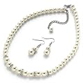 Pearl & Crystal Fashion Necklace & Drop Pierced Earrings Set Cream & Silver